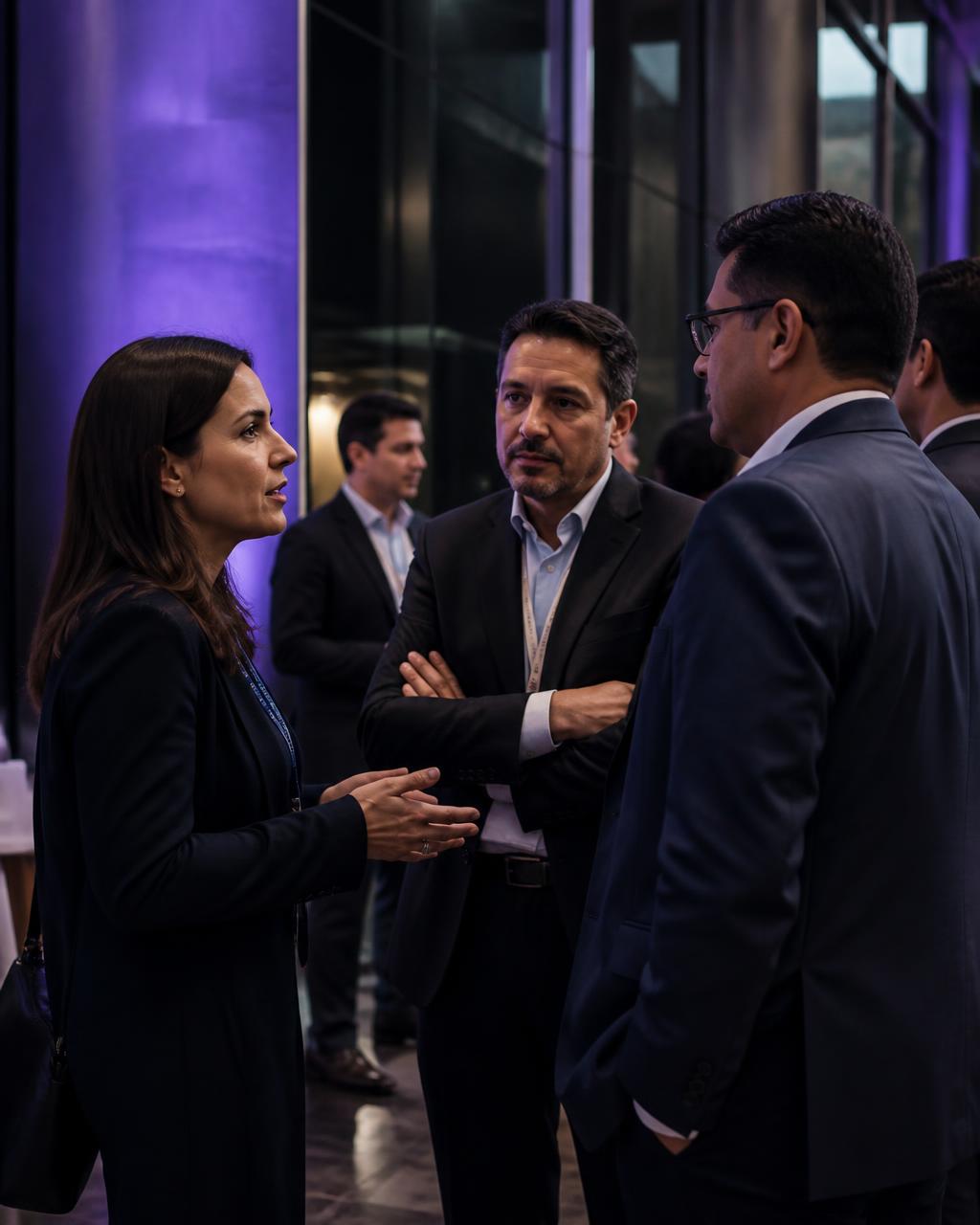 Profesionales de finanzas, tecnología y asuntos legales conversando durante un encuentro